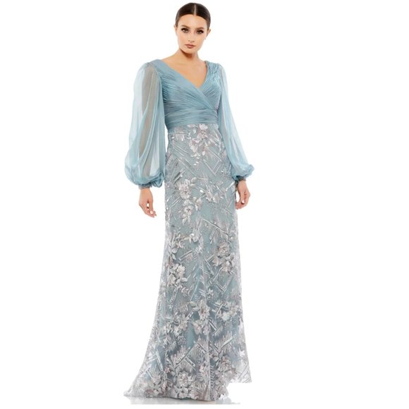 Mac Duggal Dresses & Skirts - MAC DUGGAL Metallic Floral Long Sleeve Empire Waist Gown in Slate Blue Size US 8